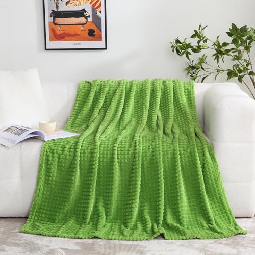 Puncuntex Flannel Fleece Throw Blanket Apple Green 50"×60",Super Soft Plush Cozy Blanket with Square Grid Design Luxury for Couch Sofa Chair - color: Apple Green, size: 50"×60"