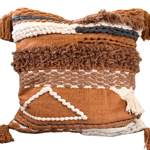 Handwoven Boho Throw Pillow Cover 18x18 Pillows for Sofa, Bed and Couch Decorative Knitted Pillow with Tassels Tufted Accents Cotton/Wool Home Decor, Limited Edition - color: Brown/Cream
