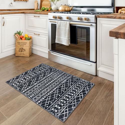 KUTA Moroccan Boho Entryway Rug, 2x3 Black Entrance Small Area Rug Non-Slip Washable, Ultra Soft Vintage Geometric Low-Pile Indoor Door Mat Floor Carpet for Kitchen - color: Black Navy Blue/White, size: 2' x 3' (Rectangular)