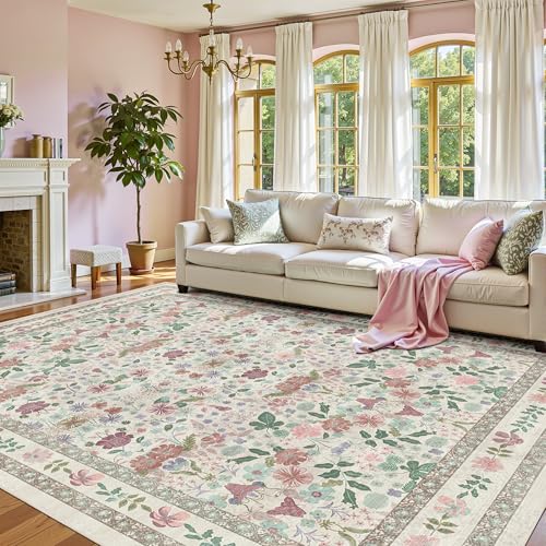 Deerly Large Floral Washable Area Rugs 9x12 for Living Room Vintage Boho Non-Slip Bedroom Carpet Soft Low Pile Thin Floor Mat Indoor for Dining Room Nursery Farmhouse, Beige/Light Pink/Multi - color: Beige/Light Pink/Multi, size: 9' x 12' (Rectangular)