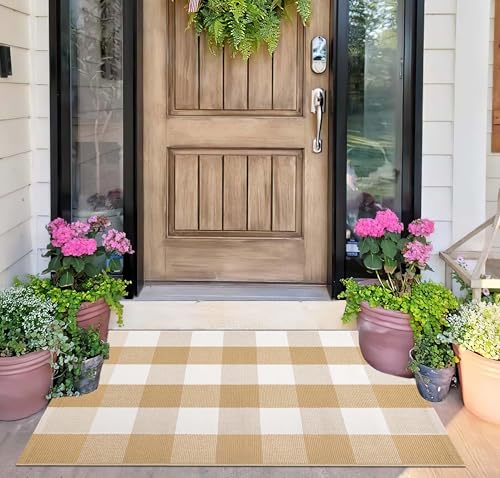 Front Door Mat Outdoor 24''x35''Khaki and White Washable Entryway Rugs Cotton Farmhouse Layered Doormat for Hello/Welcome Entryway,Porch,Bedroom,Bathroom - color: Khaki Buffalo, size: 24''x 35''