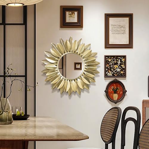 24" Gold Sunburst Decorative Wall Mirror – Handmade Flower Design, Luxury Round Accent Mirror Boho Wall Decor for Bedroom,Entryway, Dining Room & Kitchen - color: Gold, size: 23.6“*23.6*