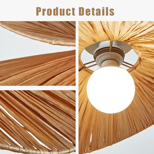 Rustic Woven Pendant Light, 19.7" Coastal Rattan Lampshade Hanging Lighting Fixture, Vintage Farmhouse Chandelier for Kitchen Island, Dining Table Room