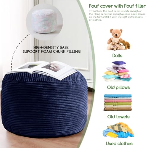 HIGOGOGO Round Stuffed Pouf Ottoman, Corduroy Poufs with Foam Chunk Filling, Furry and Fluffy Pouf Foot Stool Storage Ottoman, 26 X 18 Floor Poufs Foot Rest for Living Room, Navy - color: Navy, size: 26"D x 26"W x 18"H