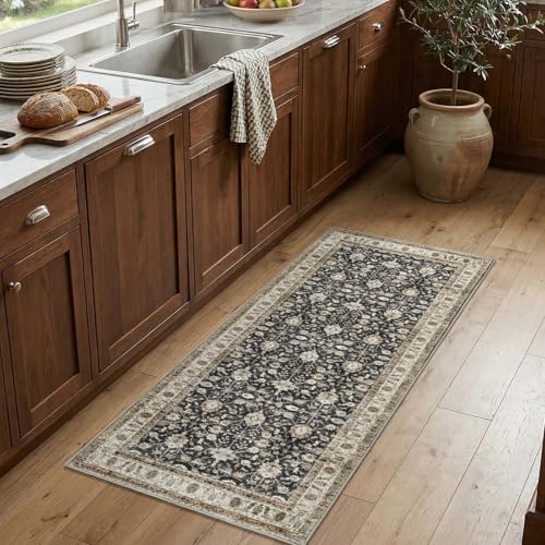 jinchan 2x5 Washable Vintage Runner Rug, Distressed Traditional Floral Hallway Runner, Soft Low-Pile Non-Slip Floor Mat for High-Traffic Kitchen Entryway Laundry Room Bathroom Vanity, Black - color: Oriental Taupe on Black, size: 2' x 5' (Runner)
