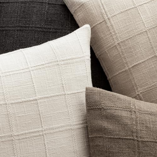 Foindtower Set of 1 Decorative Linen Check Throw Pillow Cover Neutral Farmhouse Vintage Cushion Cover Modern Boho Home Decor for Sofa Chair Couch Bedroom Living Room Outdoor,16×16 Inch,Natural Beige - color: Beige, size: 16" x 16" (Pack of 1)