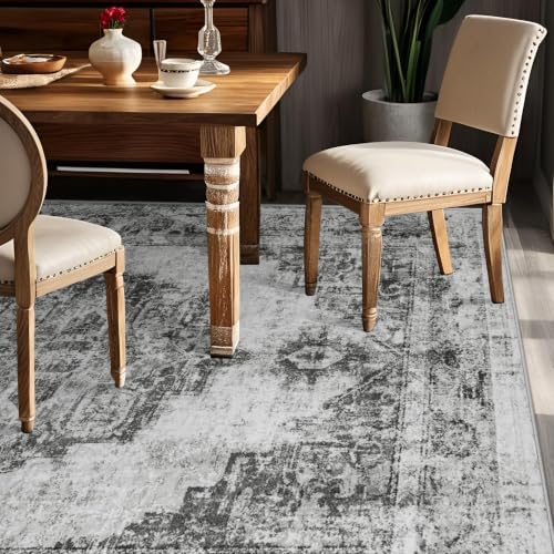 Area Rug 6x9 Vintage Rugs: Washable Indoor Medallion Rug Low Pile Distressed Floor Carpet Retro Accent Rugs for Living Room Bedroom Kitchen Dining Table Home Office(Black, 6'x9') - color: Black, size: 6' x 9' (Rectangular)