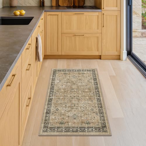 Hazo Haus Washable 2x3 Entry Rug Front Door Indoor, Bohemian Kitchen Floor Rug, Non-Slip & Stain Resistant, Vintage Desert Taupe Sage Farmhouse Floral Décor - color: Desert Taupe / Sage, size: 2' x 3' (Rectangular)