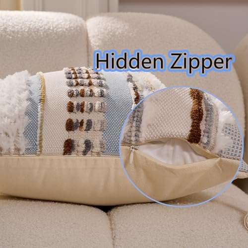 Chenille Striped Texture Decorative,Tassels Woven Throw Pillows,18x18 inch Bohemian Pillow Set, (White-Blue Stripe Pack of 2, The Pillowcase has Tassels) - color: White-blue Stripe Pack of 2, size: 18" x 18" (Pack of 1)