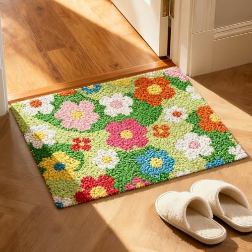 ORIGACH Grassland & Flowers Latch Hook Rug Kit for Adults Printed Rug Making Kit Handmade Carpet Tapestry Cover with Hook Latch and Preprinted Canvas, Home Arts Crafts Sofa Decor, 20.5x15inch - style: Grassland & Flowers