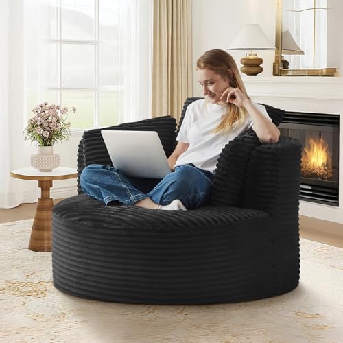 48"W Oversized Round Chaise Longue Chair Indoor,Corduroy Fluffy Comfy Cloud Chair,Circle Bean Bag Sofa with Foam Filling & Pillows,Boneless Reading Cozy Sofa Chairs for Living Room,Bedroom,Black - color: Black