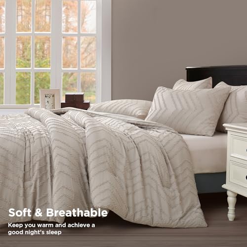 Oatmeal Tufted King Comforter Set 3 Pieces | Boho Farmhouse Bedding, All Season, Soft Microfiber, For Women Girls Teens