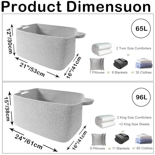 96L Large Blanket Basket,24"x16"x15"Rectangle Storage Bin with Handles,Woven Rope Laundry Basket for Toys, Clothes,Magazines,Home Organization,Nursery,Living Room & Bedroom,Grey - color: Grey, size: 24"x16"x15"(96L)