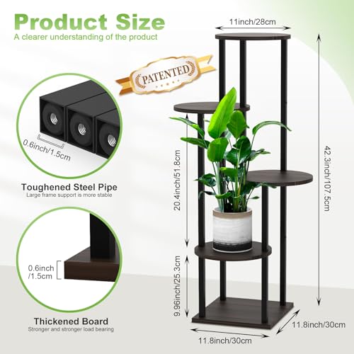 5 Tier Wood Tall Plant Stand Metal Rack Indoor, Multiple Flower Pot Holder Shelves Corner Rack, Round Planter Shelf Display Rack Storage Organizer for Patio Living Room Balcony(Black+Oak) - color: Black+Oak, size: 5 Tier
