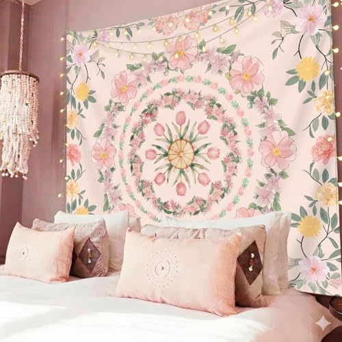 Tichgeim Pink Boho Mandala Floral Tapestry Wall Hanging for Bedroom, Bohemian Flower Aesthetic Cute Room Decor for Girls, Indian Style Tapestries for Dorm Office and Living Room 60" × 51" - color: Pink Mandala Tapestry, size: 60"L x 51"W