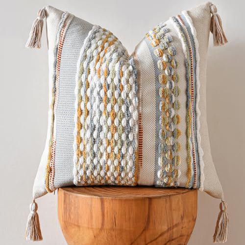 AmHoo Chenille Striped Textured Boho Throw Pillow Covers Aesthetic with Tassels Woven Decorative Pillow Case for Couch Bed Sofa Bedroom Modern Funky 18 x 18-Inch Grey - color: Grey, size: 18" x 18" (Pack of 1)