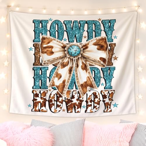 Lacama Bow Western Tapestry，Howdy Estern Decor Wall Art for Bedroom Home Room Dorm, Cowgirl Room Decor, Country Cow Print Tapestries for Teen Girls & Women 50x60 Inch - color: howdy bow