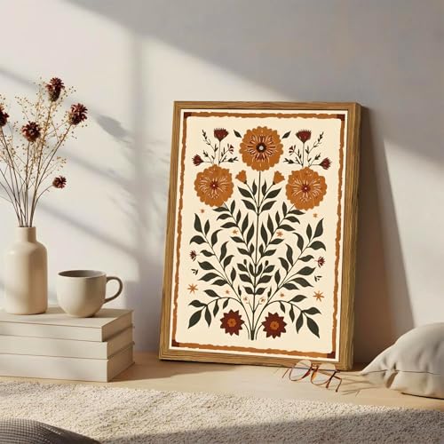 Framed Vintage Mexican Floral Wall Art, Boho Flower Pictures Wall Decor, Folk Marigolds Botanical Paintings Canvas Prints Rustic Home Decor for Living Room Bedroom 16x24 inch - color: Boho Floral, size: 24"L x 16"W