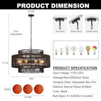 30" Large Black Rattan Chandelier, 8-Light Hand-Woven 3-Tier Drum Wicker Boho Farmhouse Light Fixture, Retro Pendant for Dining Room Kitchen Island Bedroom Living Room Foyer - color: Black 30"