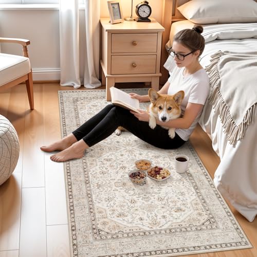 3x7 Rug Runner Washable Kitchen: Non Slip Oriental Rugs for Entryway - Ultra Thin Low Pile Stain Resistant Indoor Carpet - Home Decor for Vintage Style Lover - 3x7 Ivory - color: Ivory, size: 3' x 7' (Rectangular)