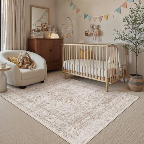 4x6 Washable Area Rug Beige Vintage Non Slip Soft Low Pile Rug for Entryway Kitchen Bathroom Distressed Oriental Throw Carpet for Living Room Bedroom Home Decor - color: Light Beige, size: 4' x 6' (Rectangular)