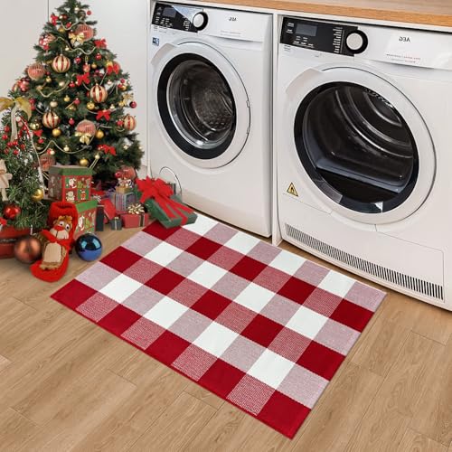 Buffalo Plaid Outdoor Rug 2x3 Front Door Mat Red and White Christmas Rug Cotton Washable Indoor Outdoor Rugs for Entryway Patio Kitchen Bedroom - color: Red and White, size: 2‘×3’