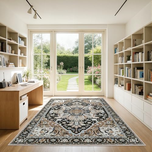 6x9 Area Rug Washable Non-Slip - Large Boho Farmhouse Living Room Rug with Low Pile - Machine Washable Indoor Carpet with TPE Backing, Vintage Bedroom Dining Room Decor, Black/Multi - color: Black & Multi, size: 6' x 9' (Rectangular)