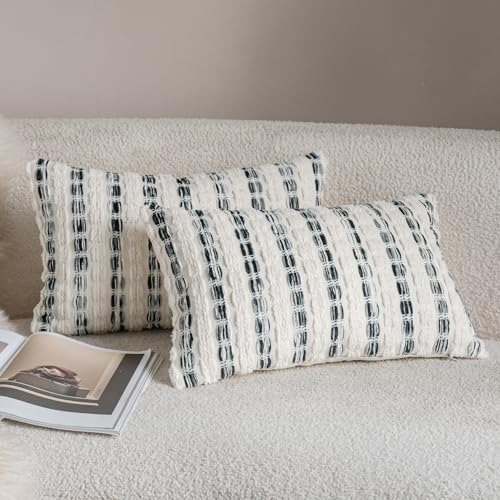 Caflife Boho Lumbar Throw Pillow Covers 12x20 Inch Set of 2, Farmhouse Black Striped Textured Chenille Decorative Couch Pillow Cases, Rustic Accent Cushion Covers for Sofa Bed Living Room Bedroom - color: Black, size: 20" x 12" (Pack of 2)