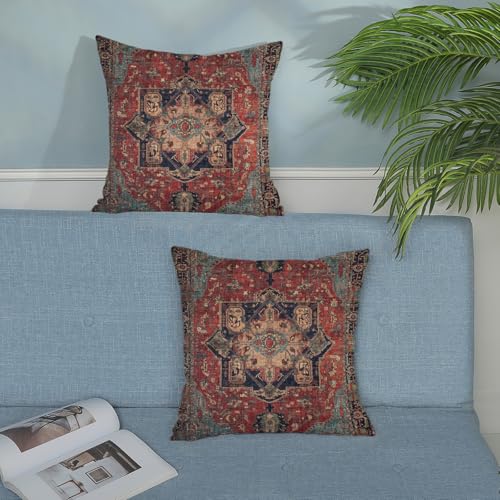 Boho Pillow Covers 16x16 Inch 2 Pcs Vintage Red Carpet Pattern Ethnic Decor Throw Pillows Blue Teal Retro Bohemian Outdoor Farmhouse Decoration Pillowcase Linen Cushion Cover for Couch Sofa Bed - color: Red Teal Boho, size: 16" x 16" (Pack of 2)