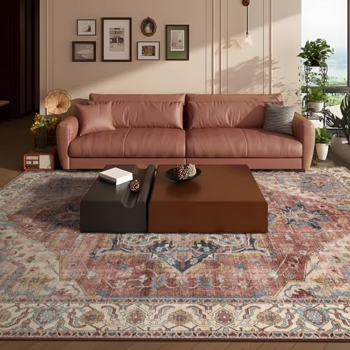 Deerly Large Washable Living Room Rugs 9x12 Boho Vintage Area Rug Indoor Bedroom Carpet with Non Slip Rubber Backing for Under Dining Table Office Farmhouse, Brickred/Multi - color: Brickred & Multi, size: 9' x 12' (Rectangular)