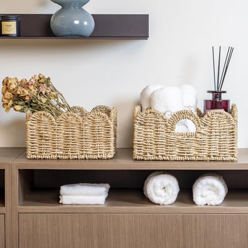 Scalloped Basket 2 Pack Wicker & Rattan Storage with Built-in Handles, Decorative Woven Seagrass Basket for Nursery & Bathroom Organization