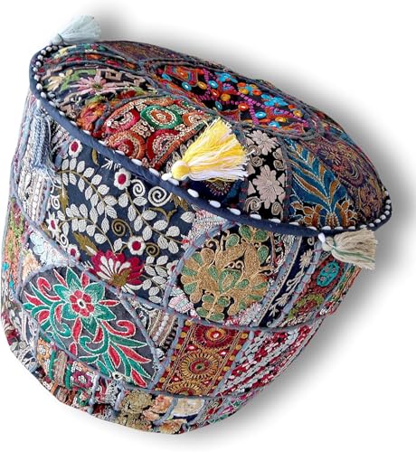 Indian Pouf Footstool Ethnic Embroidered Pouf Cover, India Cotton Round Pouffe Ottoman Pouf Cover Pillow Ethnic Decor Art-Cover Only-Indian Ottoman poufs - color: Dark Blue, size: 18"D x 18"W x 14"H