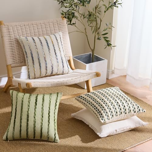 ANRODUO Boho Woven Chenille Pillow Covers 20x20 Inch Set of 2 Soft Textured Decorative Cushion Case with Striped Farmhouse Accent Neutral Pillowcase for Couch Sofa Bed Living Room Decor, Blue Stripe - color: Blue Stripe, size: 20" x 20" (Pack of 2)
