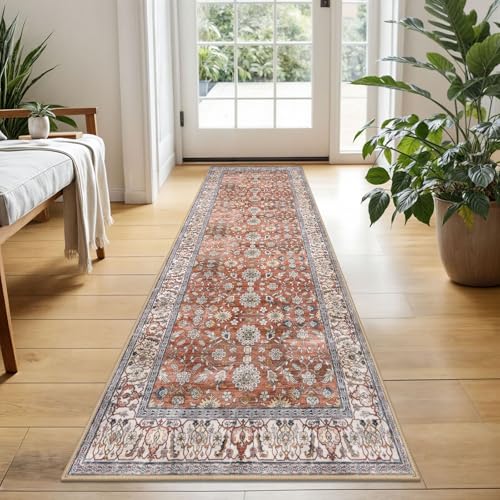 KUTA Runners for Hallways 2x5 ft, Vintage Floral Rug Non-Slip Washable Kitchen Bathroom Rugs Red Clay Ultra Thin Soft Printed Distressed Flower Carpet Entryway Rugs for Bedroom Laundry Nursery - color: Red Clay, size: 2' x 5' (Runner)