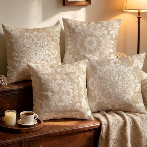 OBSEDE Beige White Mandala Decorative Throw Pillow Covers 18x18 Set of 4 Faux Linen Cushion Cases Single-Sided Print Minimalist Elegant Accent Pillows for Couch Sofa - color: Beige White Mandala
