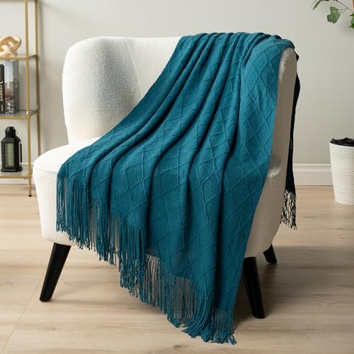 PAVILIA Teal Blue Knit Throw Blanket for Couch Bed, Soft Knitted Farmhouse Sofa Throw for Living Room, Lightweight Decorative Summer Throw Blanket for Chair, Outdoor Textured Boho Blanket, 50x60 - color: Teal Blue, size: 50 X 60 Inches - Throw