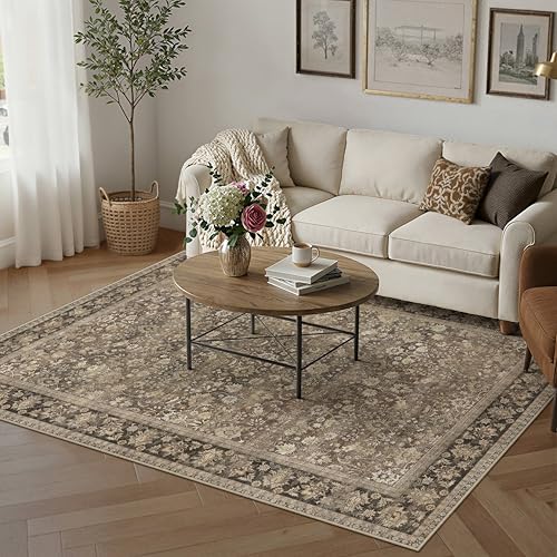HUGEAR 5x7 Machine Washable Rugs Brown Hallway Area Rug Indoor Accent Rug Floral Low Pile Carpet Soft Throw Aesthetic Rug Bedroom Living Room Office Dining Room Kitchen Laundry Room Non Slip - color: Floral | Brown, size: 5' x 7' (Rectangular)