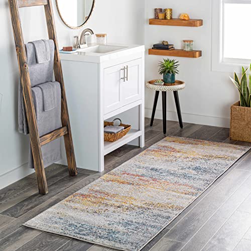 BoutiqueRugs Light Gray Abstract 10ft Runner Rug Contemporary Mustard Ice Blue Navy Alexandra Hallway Kitchen Corridor Stairway Laundry Room 2'7" x 10' Stain Resistant Non-Shedding Pet Friendly - color: Gray/Mustard, size: 2'8" x 10' (Runner)