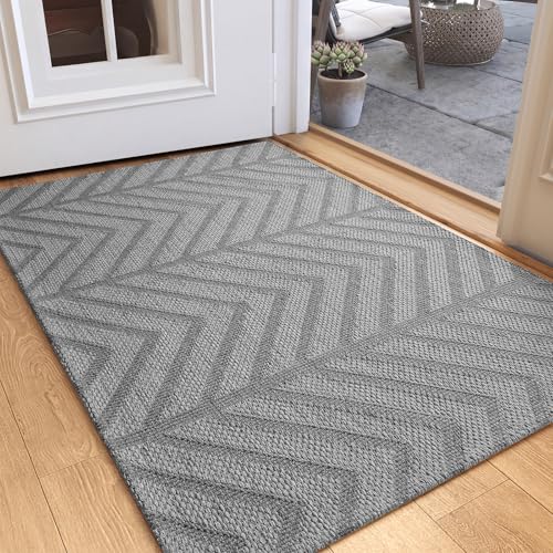 Washable Entryway Rug 2x3 - Non Slip Small Door Mat Indoor Entrance - Low Profile Front Door Mats for Inside House - Boho Woven Foyer Rug - Absorbent Mud Mat for Entryway,Mudroom(2'x3', Grey) - color: Grey-c, size: 2' x 3'