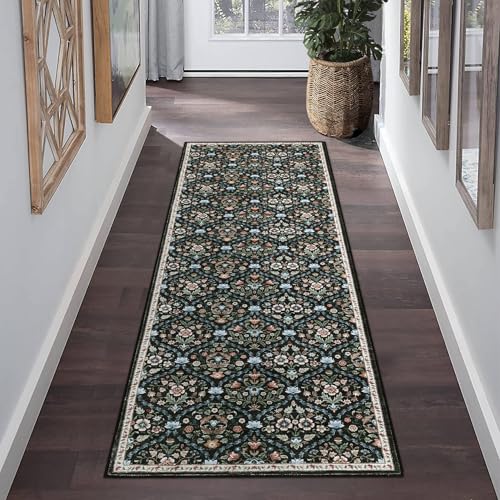 ROYHOME Runner Rug Moroccan Trellis Washable Hallway Runner, Stain Resistant Non-Slip Vintage Distressed Floral Entrance Carpet for Bedroom Laundry Kitchen Entryway, Black, 2' x 6' - color: Black, size: 2' x 6' (Rectangular)