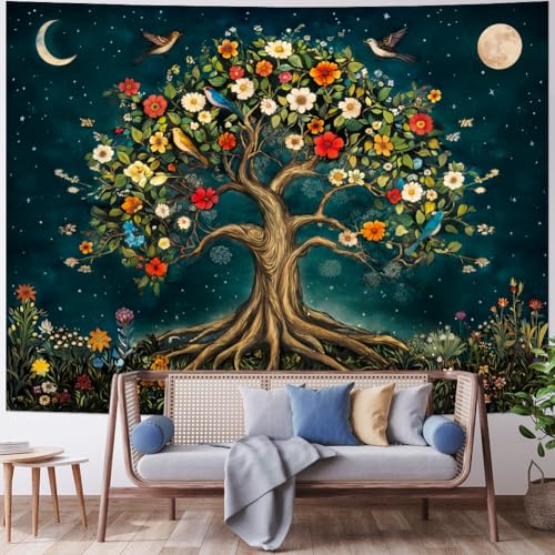 Amtoodopin Tree of Life Tapestry Mystic Boho Flowers Tapestry Vintage Aesthetic Tree Wall Tapestries Retro Nature Floral Plants Tapestries Wall Hanging for Bedroom - size: 92.5"L x 70.8"W