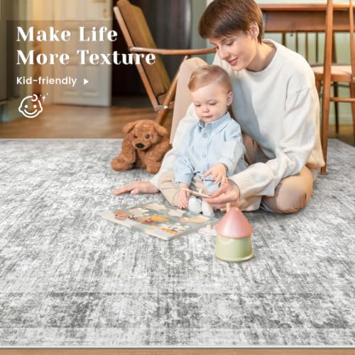 5x7 Area Rugs for Living Room: Washable Vintage Floral Rug Low Pile Non-Slip Boho Carpet for Bedroom Nursery Dining Room (Grey, 5'x7') - color: Grey, size: 5' x 7' (Rectangular)