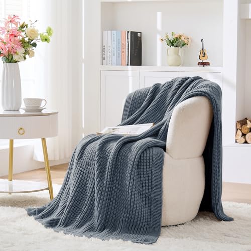 Chunky Knit Dusty Blue Throw Blanket for Couch Soft Cozy Lightweight Decorative Blanket for Couch Sofa Bed Living Room,Spring Throw 60"x80" - color: Dusty Blue, size: 60"x 80"