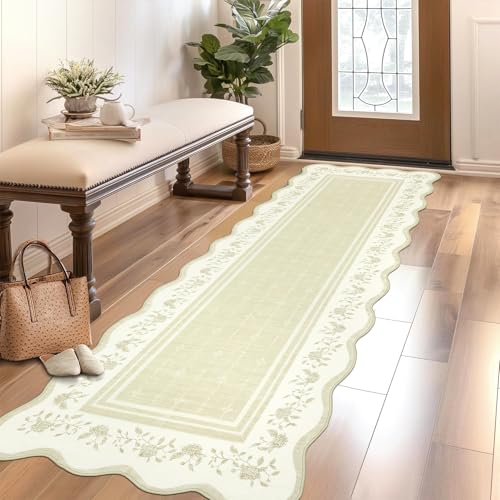 Garvee 2x6 Runner Rug Scalloped Kitchen Runner Rug Non Slip Washable Entryway Runners Modern Bordered Foldable Thin Accent Carpet Low Pile Soft Nursery Rugs for Hallway Bathroom Bedside Laundry Beige - color: Beige, size: 2' x 6' (Rectangular)