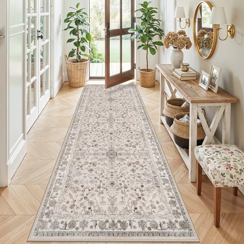 3x8 Hallway Runner Rug Washable Non-Slip – Boho Floral Soft Wide Carpet Runner for Kitchen Entryway Bathroom Bedroom – Low-Pile Thin Floor Mat with Rubber Backing (Beige,3x8) - color: Beige, size: 3' x 8' (Rectangular)