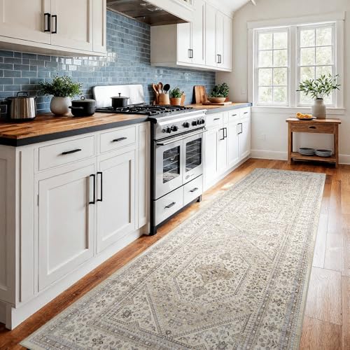 2x8 Runner Rug for Hallway Washable: Non Slip Kitchen Rugs with Rubber Backing Soft Waterproof Wide Mats Stain Resistant Low Pile Carpet for Entryway Bedroom Bathroom Laundry Home Decor Beige/Gray - color: Beige/Gray, size: 2' x 8' (Rectangular)