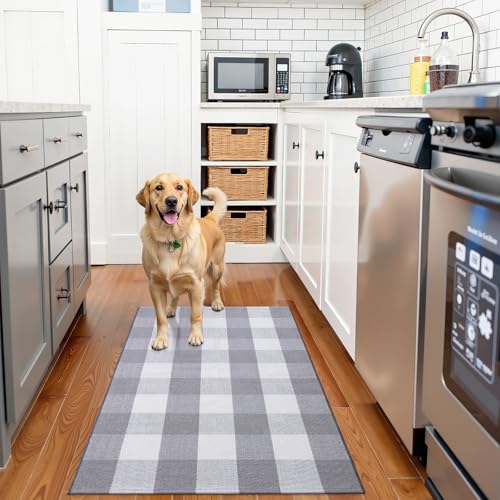 OLANLY Buffalo Plaid Rug 2' x 3' (24" x 36") – Grey and White Cotton Checkered Doormat, Washable Indoor Outdoor Rug for Layered Front Porch, Kitchen, Entryway Decor - color: Grey White Buffalo Check, size: 2' X 3' (Rectangular)