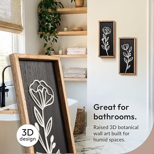 3D Vintage Black Living Room Decor (Set of 2) Lightweight, Wooden Ready-to-Hang Framed Moody Floral Wall Art for Bathroom, Bedroom or Office - Dark Textured Boho Farmhouse Wall Decor - Gift-Boxed - color: Black, size: 7" x 16"