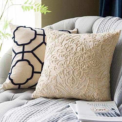 DOKOT Embroidery Throw Pillow Case Covers Square Cushion Cover 100% Cotton with Zipper for Home Decorative 20x20 inches(50x50cm) (Beige, 2 Pieces) - size: 20" x 20" (Pack of 2)