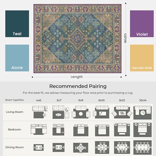 9x12 Area Rugs for Living Room, Machine Washable Low Pile Rug, Non Slip Backing Boho Rugs for Bedroom, Printed Soft Vintage Carpet Teal Green Purple 9 x 12 - color: 15/Teal/Harvest Gold/Violet/Azure, size: 9' x 12' (Rectangular)